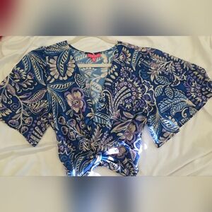 Floral V-Neck Twist Front Crop Top - Blue & Purple